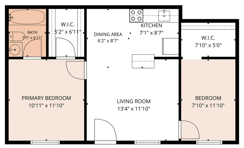 2 Bedroom Apartment floor plan at Oakwood Crest Apartments in Euless, TX — 2 bed · 1 bath, 600–650 sq ft