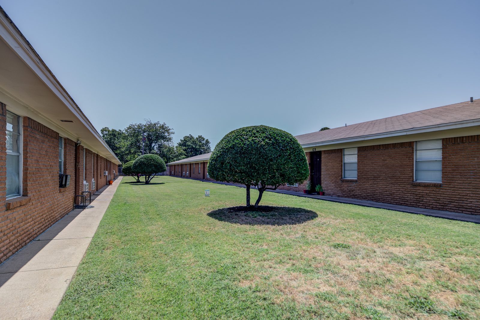 Green courtyard with trimmed trees between the brick buildings in Euless, TX